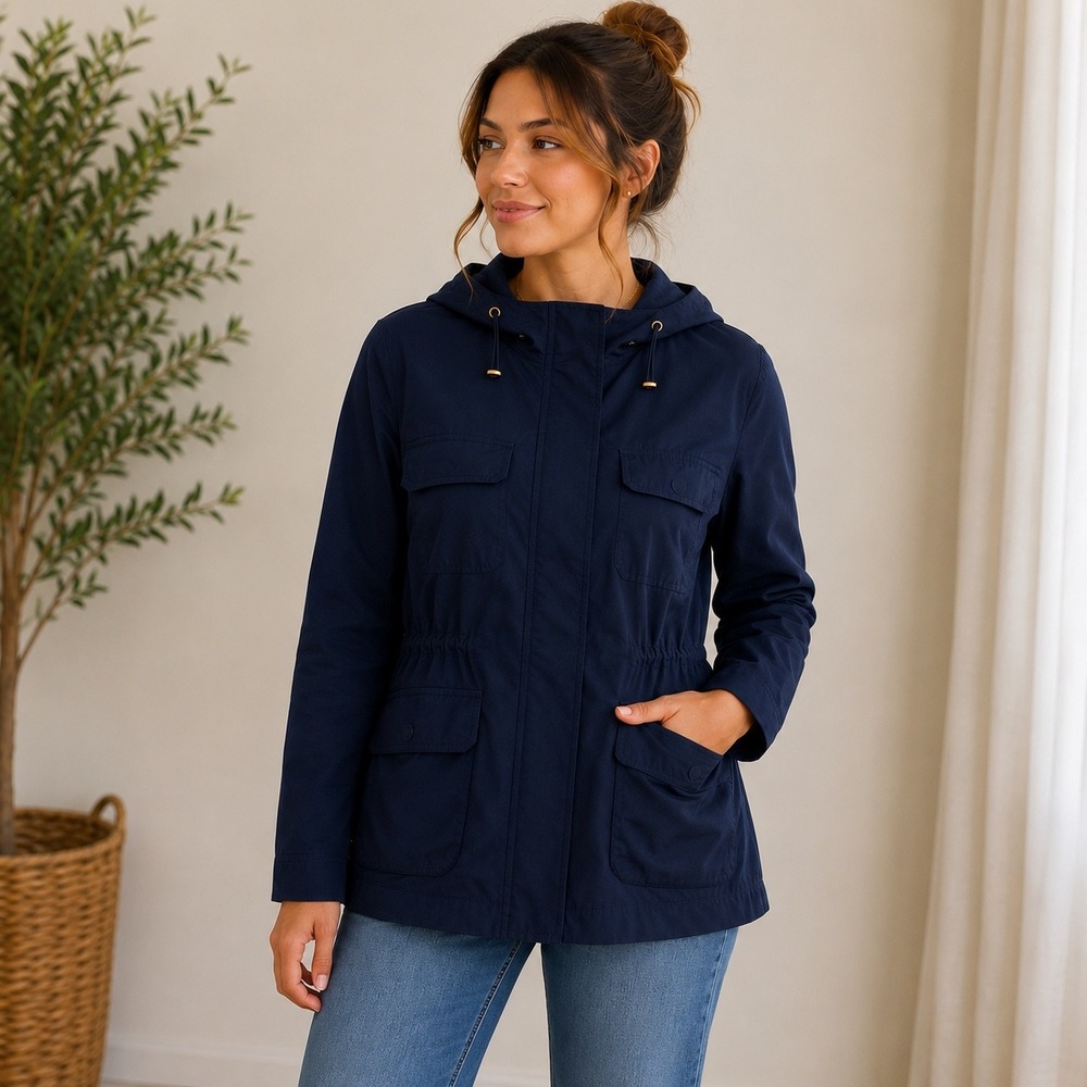 Talbots Petites Dark Navy Hooded Utility Anorak Jacket Women's 14P Lightweight - Picture 2 of 11